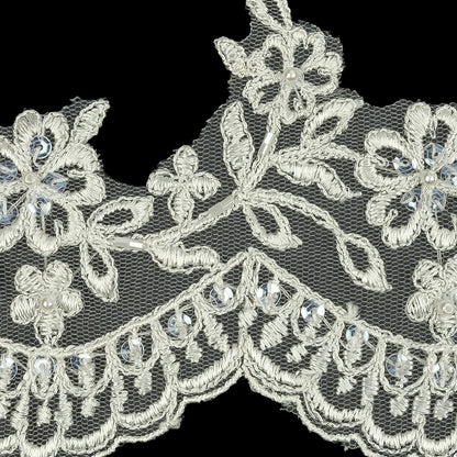 Off White and Striped Metallic Silver Floral and Scalloped Edge Corded Bridal Lace Trim with Sequins and Faux Pearl Beads - 3.5" Detail