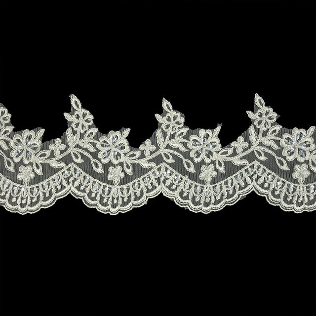 Off White and Striped Metallic Silver Floral and Scalloped Edge Corded Bridal Lace Trim with Sequins and Faux Pearl Beads - 3.5"