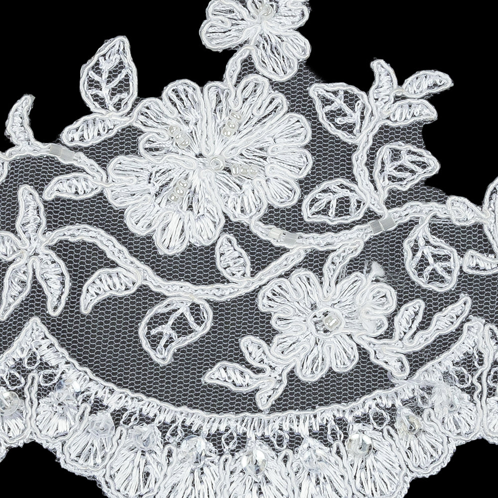 White Floral Corded, Sequins and Beaded Bridal Lace Trim with Scalloped Edge - 4.5" Detail