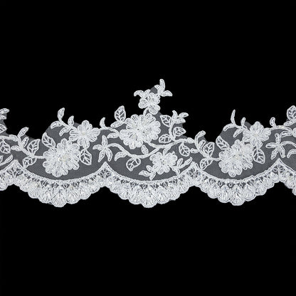 White Floral Corded, Sequins and Beaded Bridal Lace Trim with Scalloped Edge - 4.5"