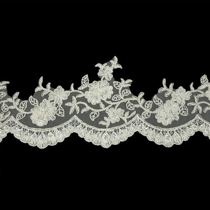 Off White and Striped Metallic Silver Floral Sequins and Beaded Bridal Lace Trim with Scalloped Edge - 4.5"