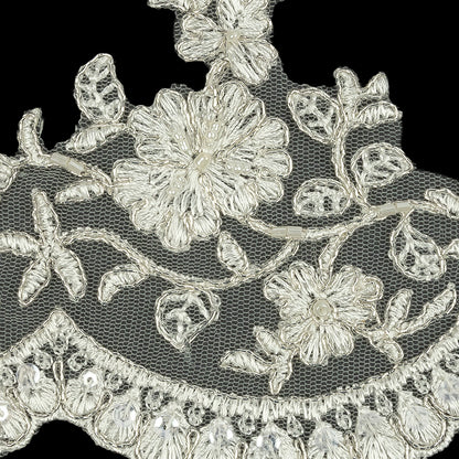 Off White and Metallic Silver Floral Sequins and Beaded Bridal Lace Trim with Scalloped Edge - 4.5" Detail