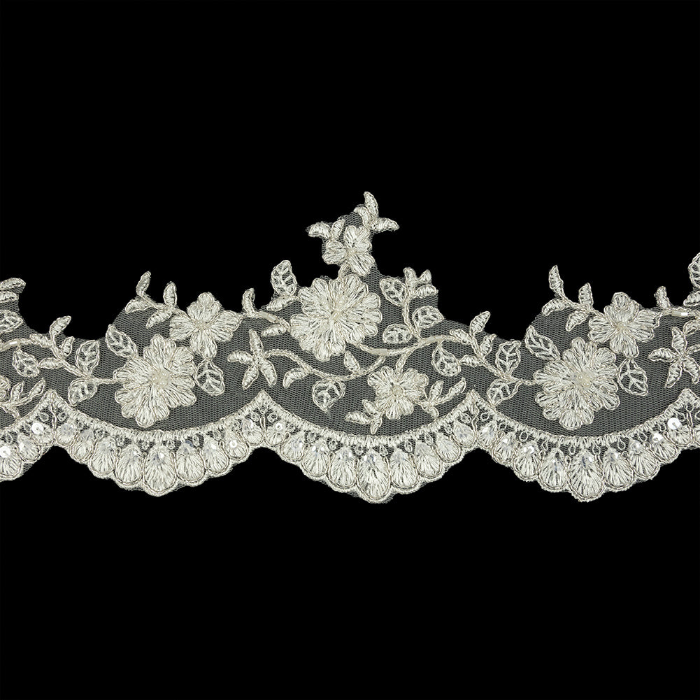 Off White and Metallic Silver Floral Sequins and Beaded Bridal Lace Trim with Scalloped Edge - 4.5"