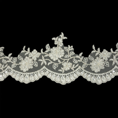 Off White and Metallic Silver Floral Sequins and Beaded Bridal Lace Trim with Scalloped Edge - 4.5"