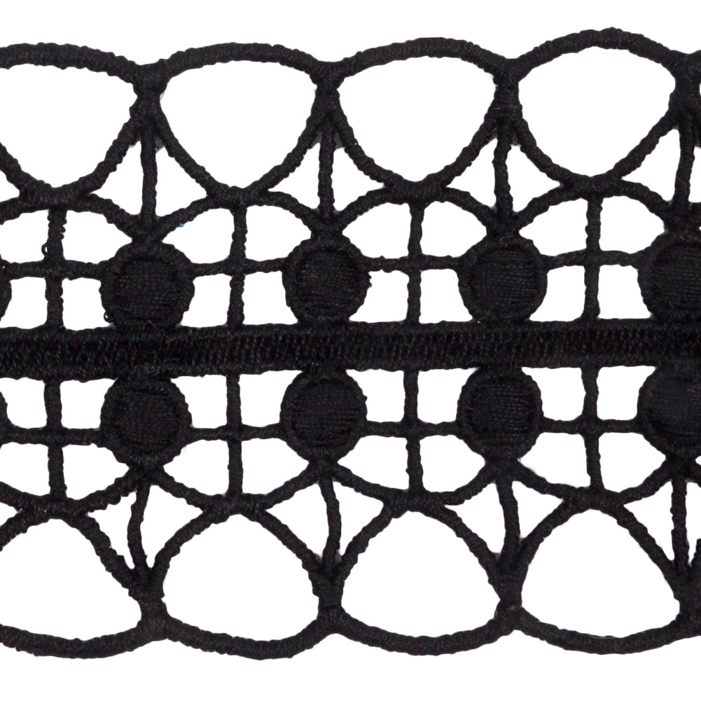 Black Double Edged Circle Grid and Open Scallops Venise Lace Trim - 2.5" Detail