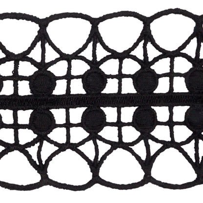 Black Double Edged Circle Grid and Open Scallops Venise Lace Trim - 2.5" Detail