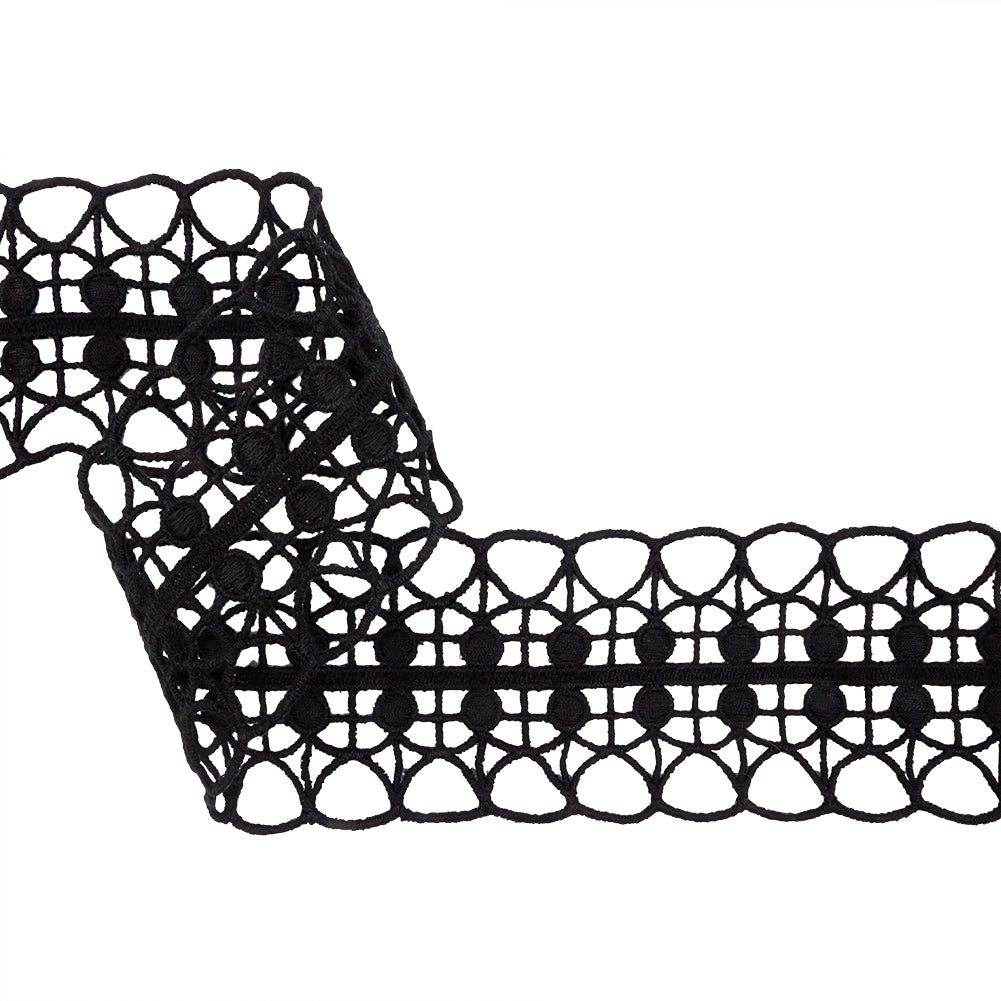 Black Double Edged Circle Grid and Open Scallops Venise Lace Trim - 2.5"