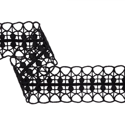 Black Double Edged Circle Grid and Open Scallops Venise Lace Trim - 2.5"