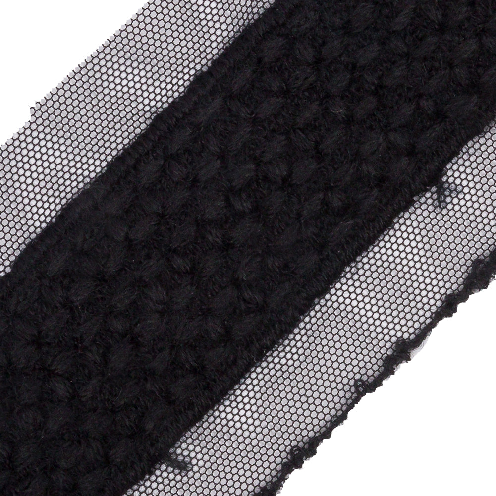 Black Little Circles Wool Embroidered Lace Trim on Mesh Ground - 1.375" Detail