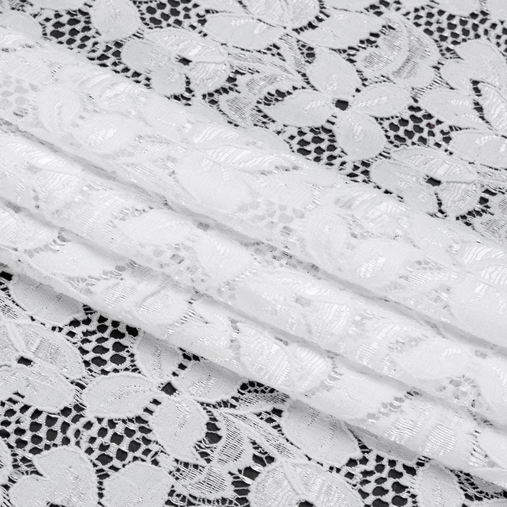Shimmering White Floral Stretch Lace Trim with Scalloped Edges - 11.25" Folded