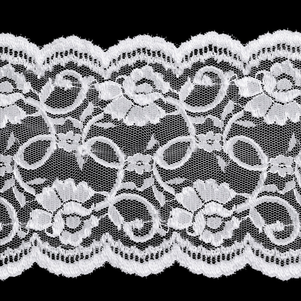Luminous White Floral Embroidered Tulle Lace Trim with Scalloped Edges - 6.5" Detail