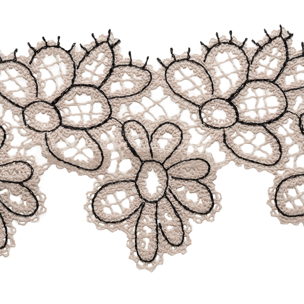 Vanilla and Black Floral Outlines Lace Trim - 3.125" Folded