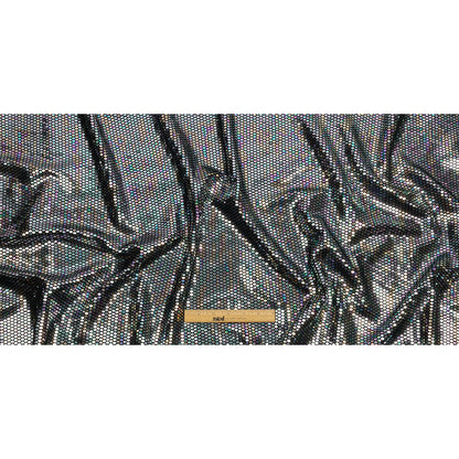 Black and Silver Oil Slick Hexagons Foiled Stretch Nylon Knit