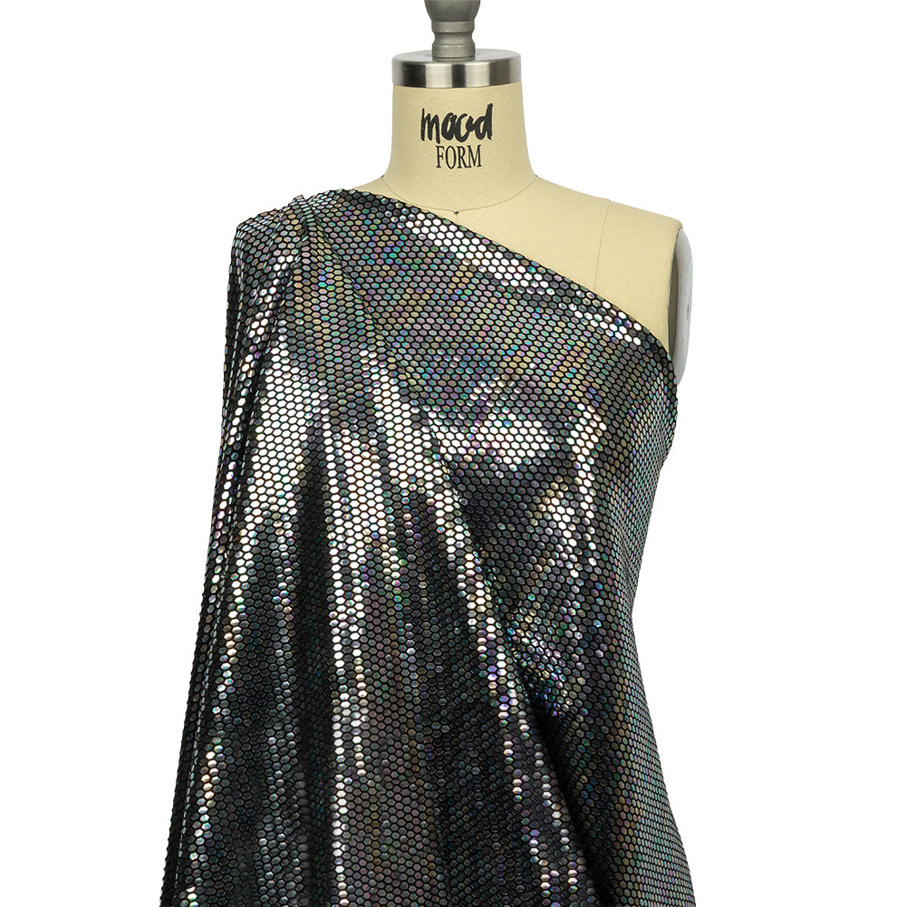 Black and Silver Oil Slick Hexagons Foiled Stretch Nylon Knit