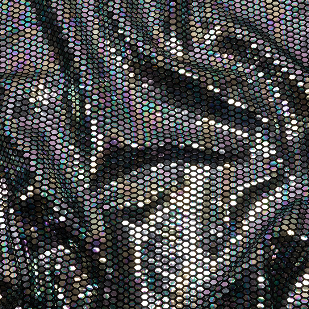 Black and Silver Oil Slick Hexagons Foiled Stretch Nylon Knit