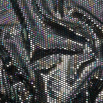 Black and Silver Oil Slick Hexagons Foiled Stretch Nylon Knit