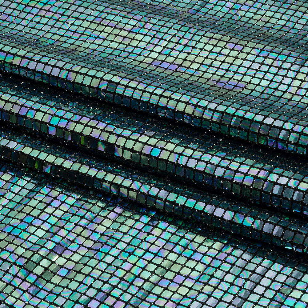 Blue Oil Slick and Black Squares Foiled Stretch Nylon Knit - Folded