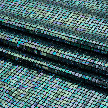 Blue Oil Slick and Black Squares Foiled Stretch Nylon Knit