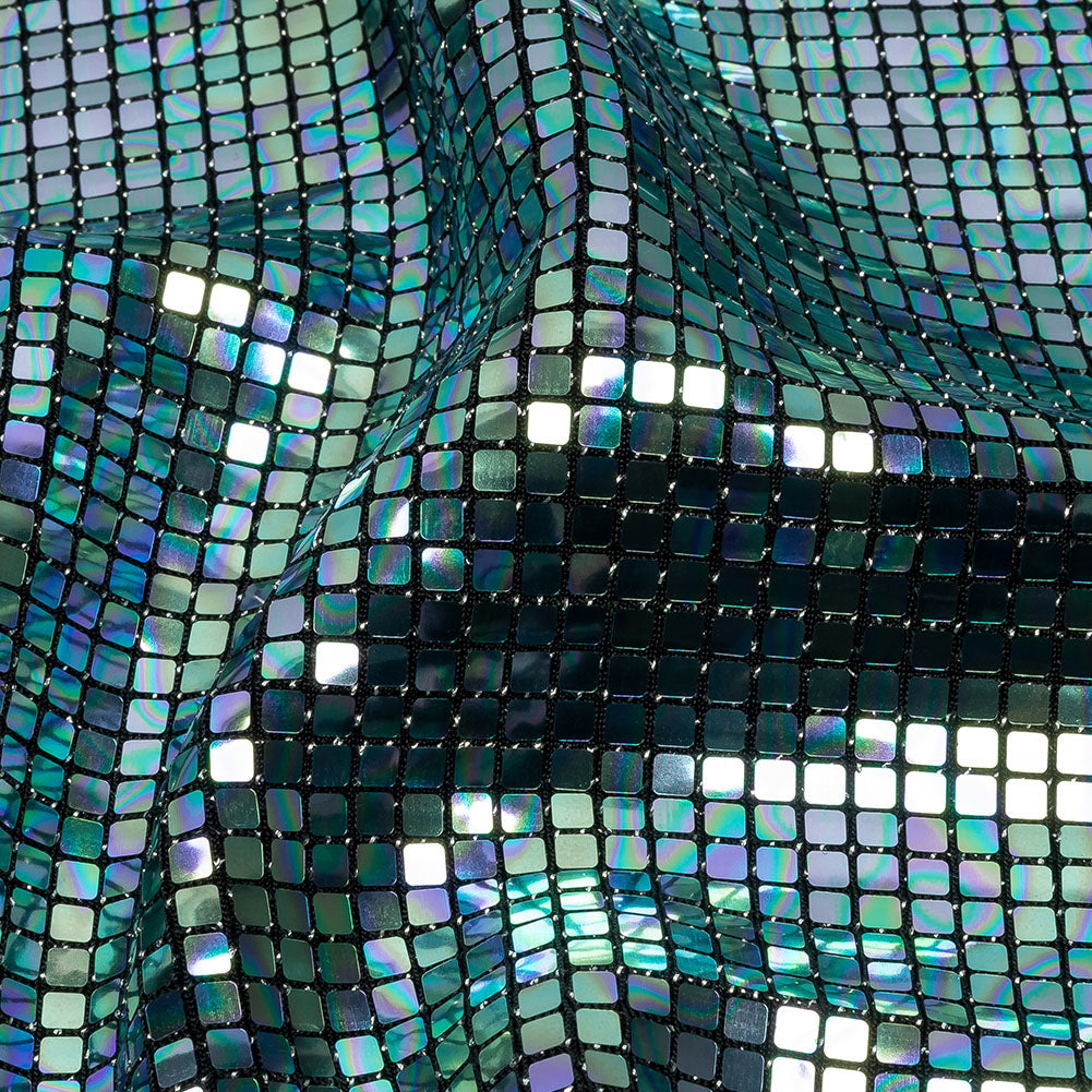 Blue Oil Slick and Black Squares Foiled Stretch Nylon Knit - Detail