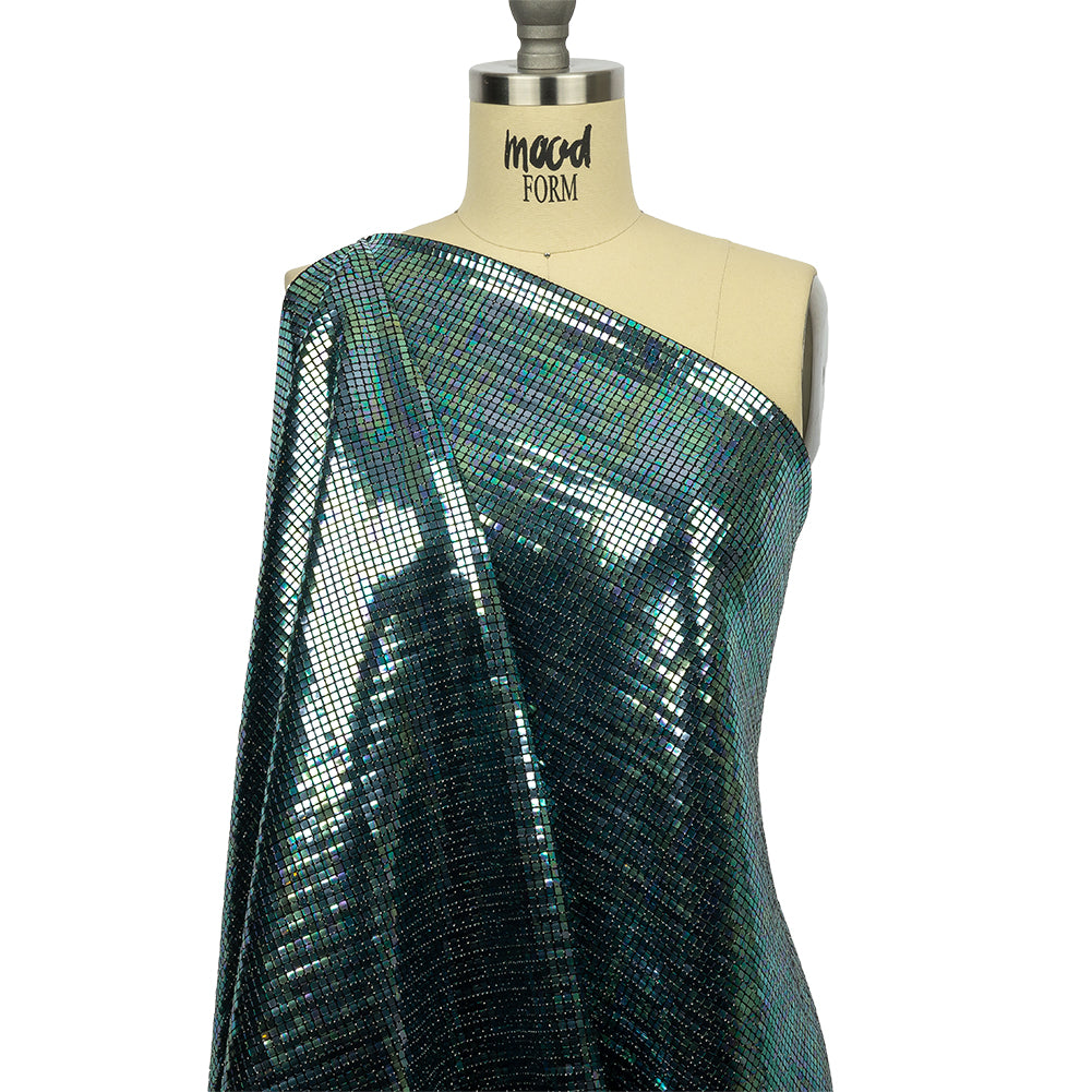 Blue Oil Slick and Black Squares Foiled Stretch Nylon Knit - Drape