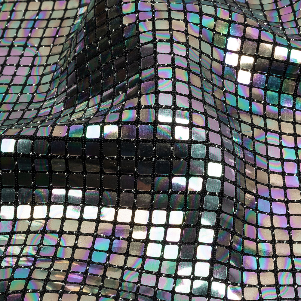 Silver Oil Slick and Black Squares Foiled Stretch Nylon Knit