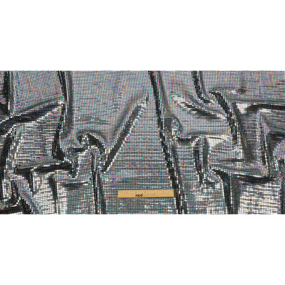 Silver Oil Slick and Black Squares Foiled Stretch Nylon Knit