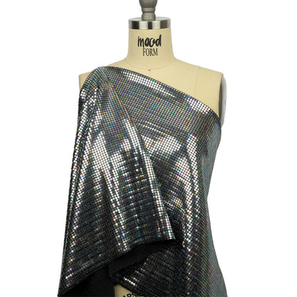 Silver Oil Slick and Black Squares Foiled Stretch Nylon Knit