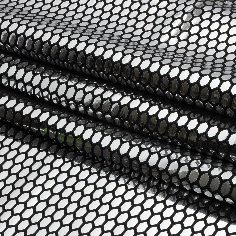 Black and Silver Hexagons Foiled Stretch Polyester Knit
