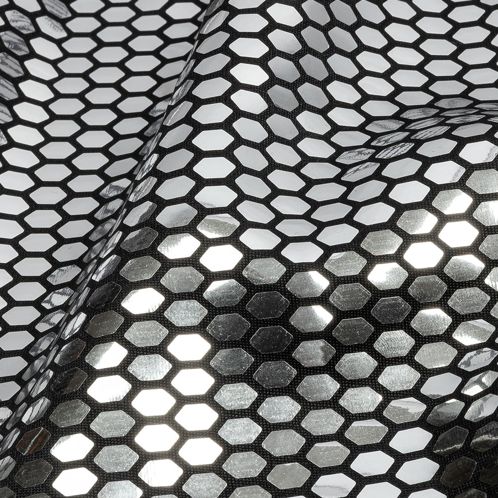 Black and Silver Hexagons Foiled Stretch Polyester Knit