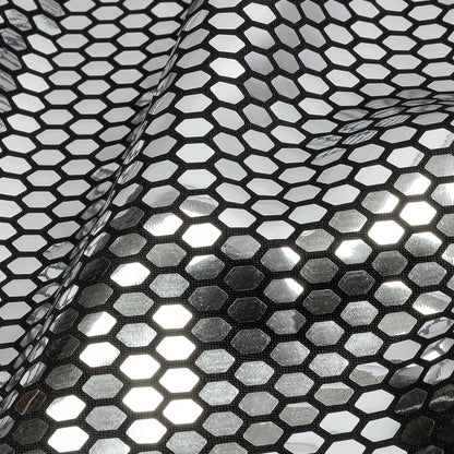 Black and Silver Hexagons Foiled Stretch Polyester Knit