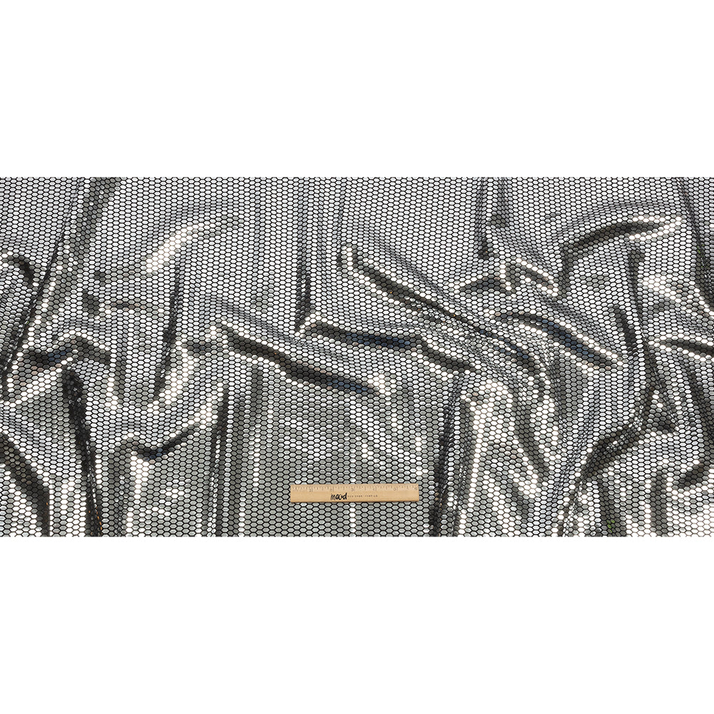 Black and Silver Hexagons Foiled Stretch Polyester Knit