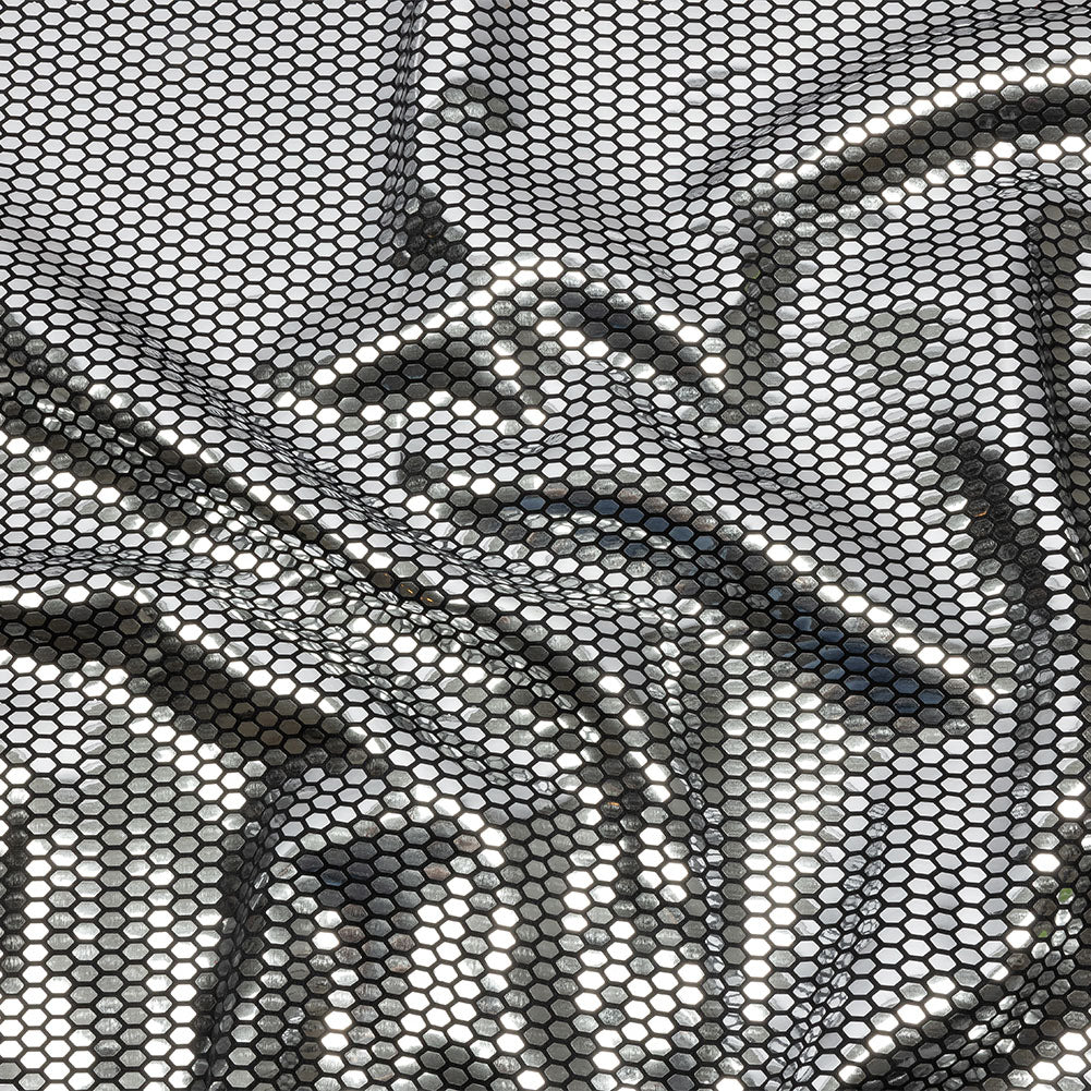 Black and Silver Hexagons Foiled Stretch Polyester Knit
