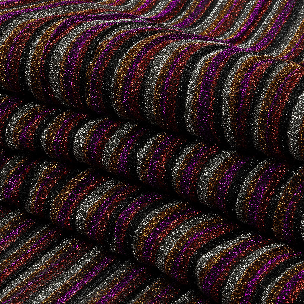 Pleated Polyester Knit - Pink, Silver and Gold Metallic Stripes