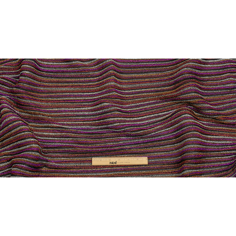 Pleated Polyester Knit - Pink, Silver and Gold Metallic Stripes