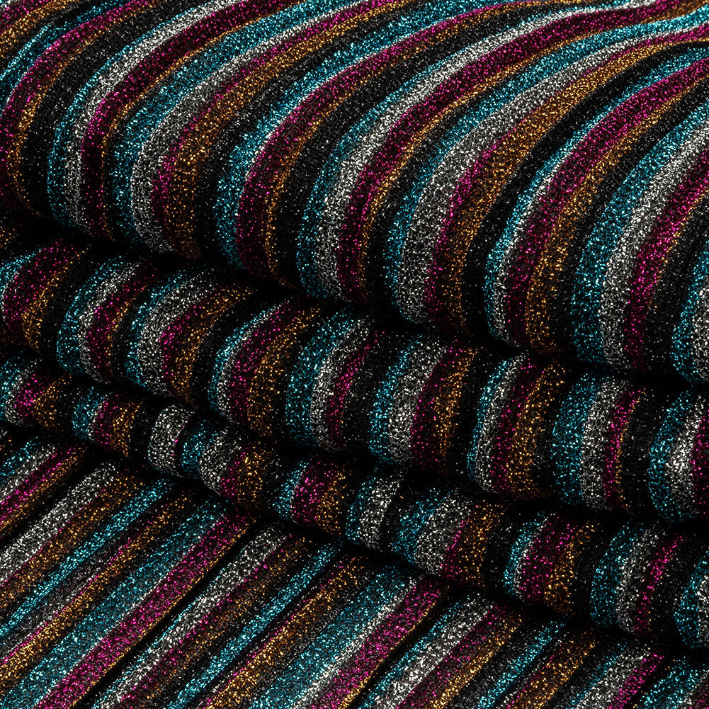 Pleated Polyester Knit - Turquoise, Pink and Silver Metallic Stripes - Folded