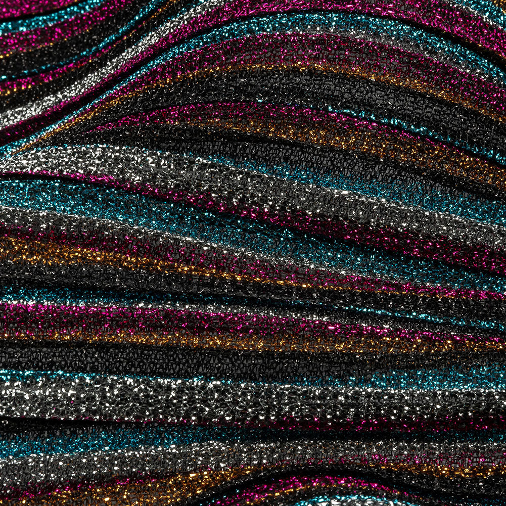 Pleated Polyester Knit - Turquoise, Pink and Silver Metallic Stripes - Detail