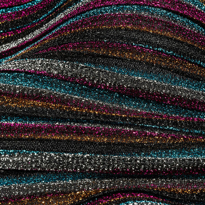 Pleated Polyester Knit - Turquoise, Pink and Silver Metallic Stripes