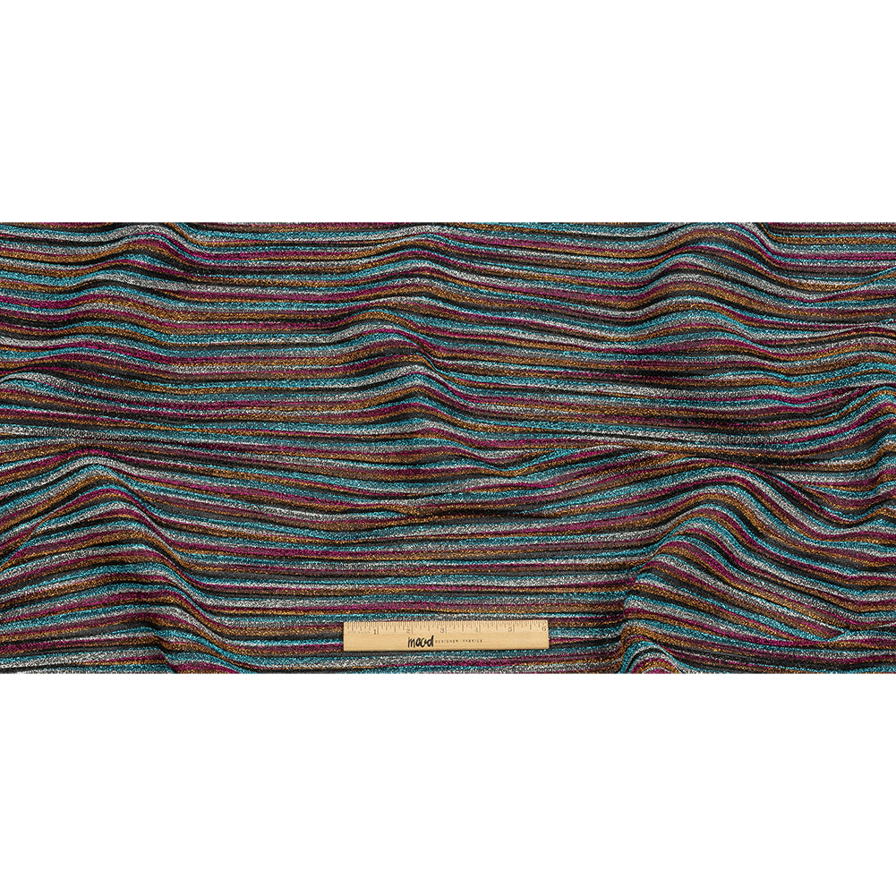 Pleated Polyester Knit - Turquoise, Pink and Silver Metallic Stripes - Full