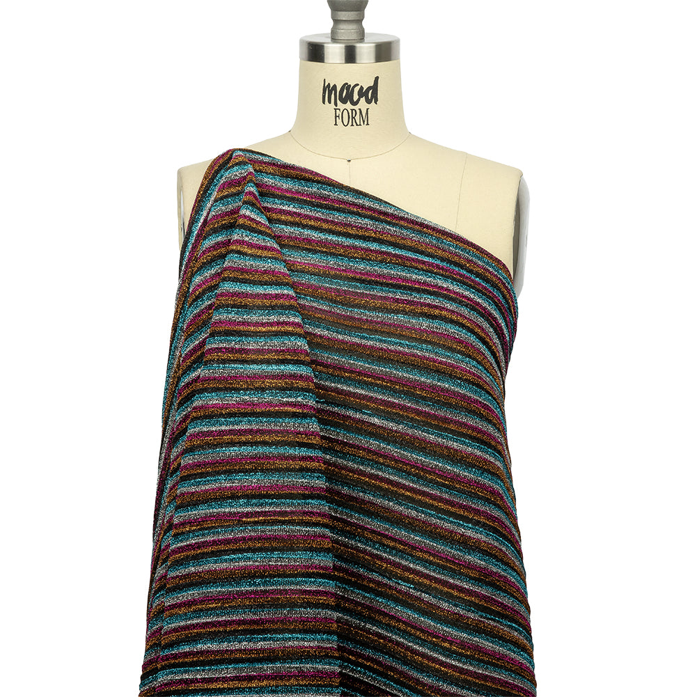 Pleated Polyester Knit - Turquoise, Pink and Silver Metallic Stripes - Drape