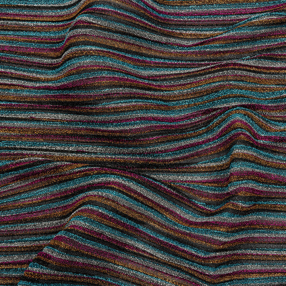 Pleated Polyester Knit - Turquoise, Pink and Silver Metallic Stripes