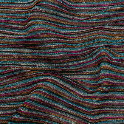 Pleated Polyester Knit - Turquoise, Pink and Silver Metallic Stripes