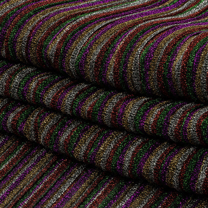 Pleated Polyester Knit - Purple, Green and Red Metallic Stripes