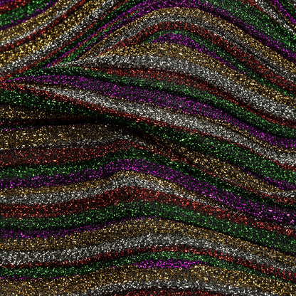 Pleated Polyester Knit - Purple, Green and Red Metallic Stripes
