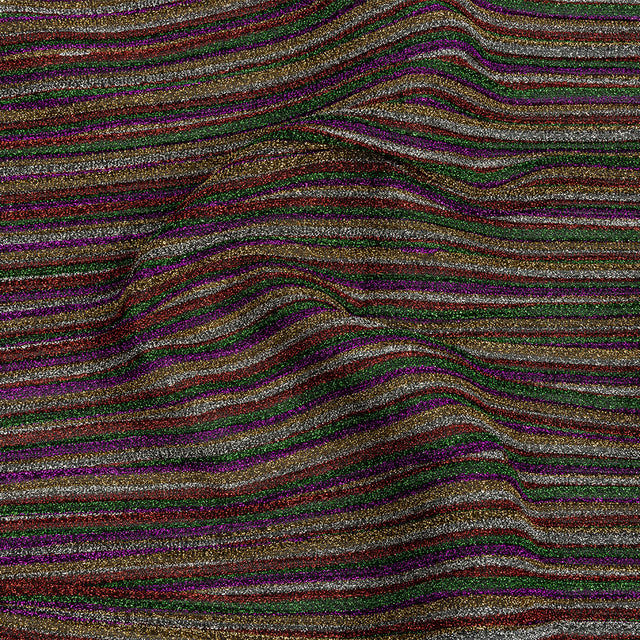 Pleated Polyester Knit - Purple, Green and Red Metallic Stripes