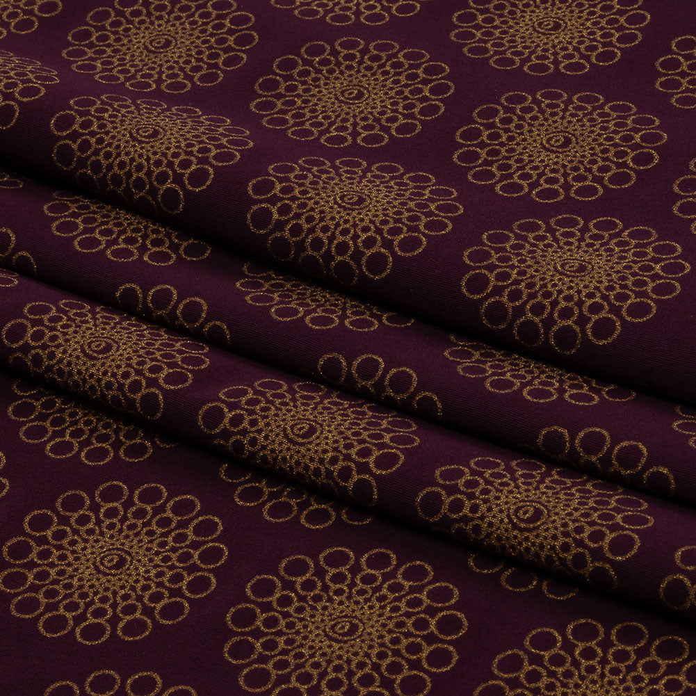 Italian Grape and Metallic Dark Gold Floral Circles Stretch Nylon Jersey Folded