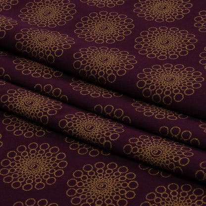 Italian Grape and Metallic Dark Gold Floral Circles Stretch Nylon Jersey Folded