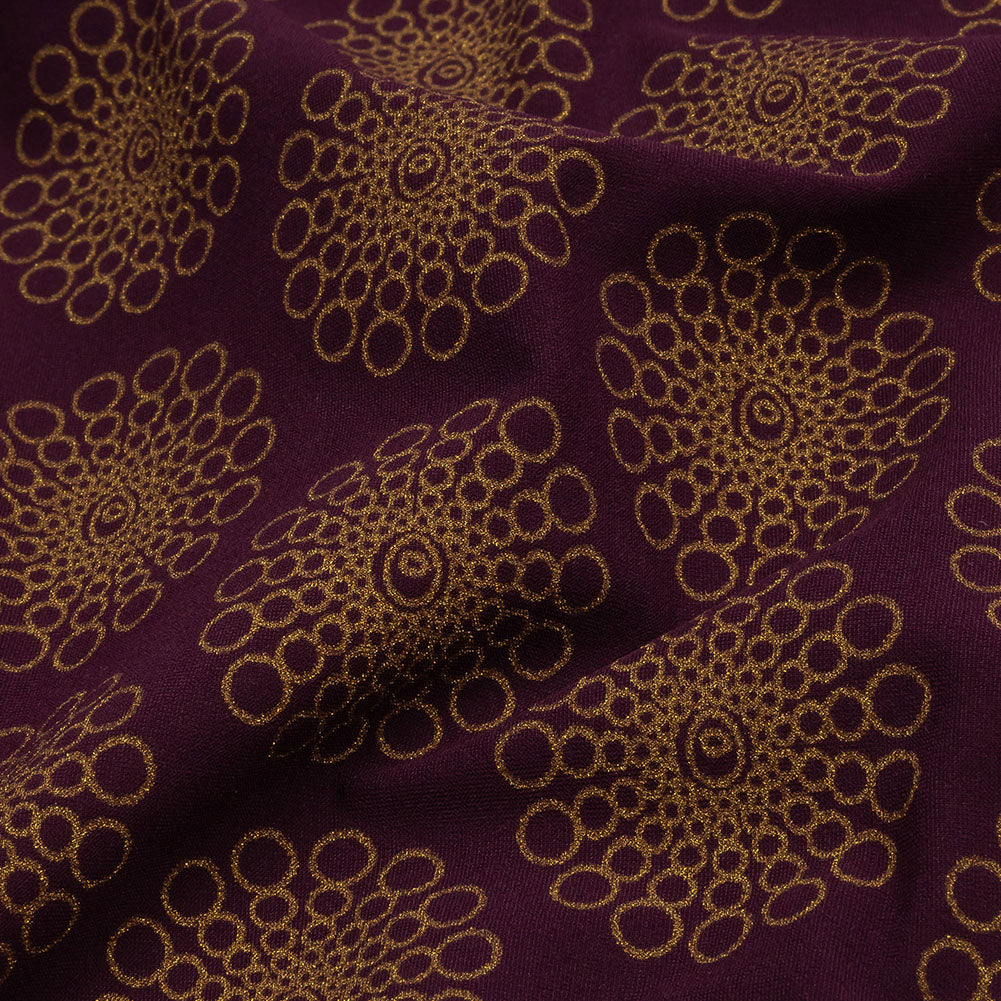 Italian Grape and Metallic Dark Gold Floral Circles Stretch Nylon Jersey Detail