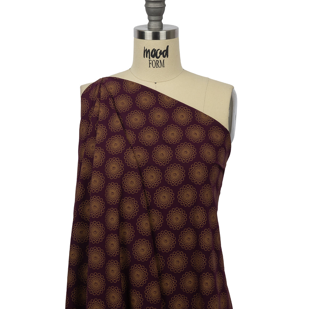 Italian Grape and Metallic Dark Gold Floral Circles Stretch Nylon Jersey Drape