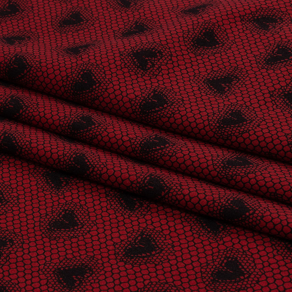 Italian Red and Black Lace Hearts Stretch Nylon Jersey Folded