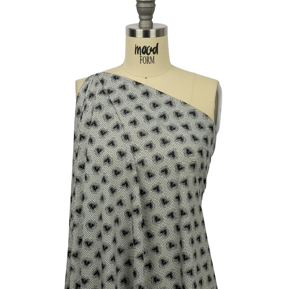 Italian White and Black Lace Hearts Stretch Nylon Jersey Drape